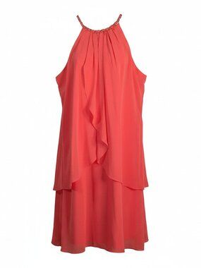 SLNY Coral Chiffon Halter Dress Gold Chain Neckline Layered Ruffle Size 12